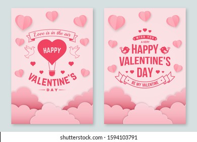Set of Happy Valentines Day poster, flyer, greeting cards. Set invitation, posters, brochure, voucher, banners with clouds, bird, hot air balloon, hearts. Vector. Design for Valentines Day.
