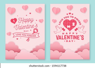 Set of Happy Valentines Day poster, flyer, greeting cards. Set invitation, posters, brochure, voucher, banners with clouds, bird, key, hearts. Vector Design for Valentines Day