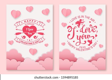Set of Happy Valentines Day poster, flyer, greeting cards with clouds, bird, amur, hearts. Vector Design for Valentines Day