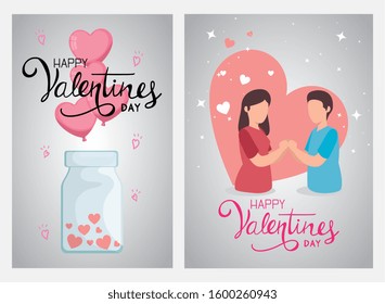 set of happy valentines day poster with decoration vector illustration design