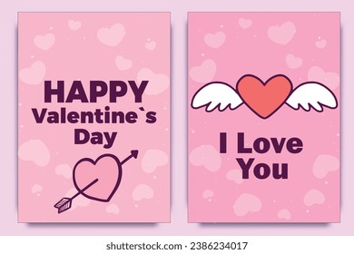 Set of Happy Valentines Day poster, greeting cards. Set invitation, posters, brochure, voucher, banners with clouds, bird, hot air balloon, hearts.