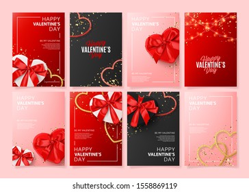 Set of Happy Valentine's Day posters. Vector illustration with realistic Valentine's Day attributes and symbols. Brochures design for promo flyers or covers in A4 format size.