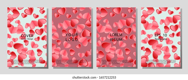 Set of Happy Valentine's Day posters. Template cover of a copybook with an trendy design: colorful hearts pattern. Vector illustration.