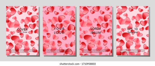 Set of Happy Valentine's Day posters.  Template cover of a copybook with an trendy design: colorful hearts pattern. Brochures design for promo flyers or covers in A4 format size.