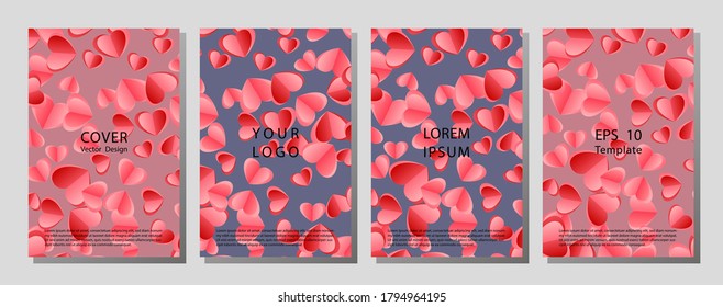 Set of Happy Valentine's Day posters.  Template cover of a copybook with an trendy design: colorful hearts pattern. Brochures design for promo flyers or covers in A4 format size.