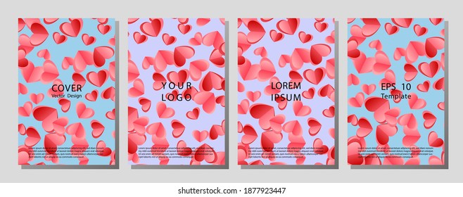 Set of Happy Valentine's Day posters.  Template cover of a copybook with an trendy design: colorful hearts pattern. Brochures design for promo flyers or covers in A4 format size.