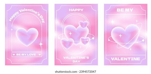 Set of Happy Valentine's Day posters in trendy y2k style. Modern typography and trendy gradient covers with blurred hearts and frames.Design for  greeting card, banner, cover or flyer.Vector 