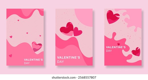 Set of happy Valentine's Day posters, covers and flyers with pink and red hearts. For sale banners, greeting cards and romantic invitations background. Vector illustration