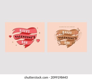 Set Of Happy Valentine's Day Ribbon In Heart Shape On Pink Background.