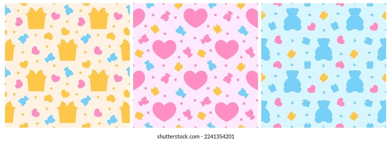 Set of Happy Valentine's Day Seamless Pattern Design with Decoration in Template Hand Drawn Cartoon Flat Illustration