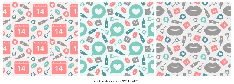 Set of Happy Valentine's Day Seamless Pattern Design with Decoration in Template Hand Drawn Cartoon Flat Illustration