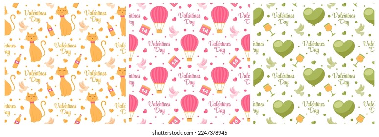 Set of Happy Valentines Day Seamless Pattern Design Love Greeting Card Template Hand Drawn Cartoon Flat Illustration