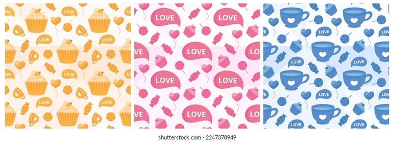 Set of Happy Valentines Day Seamless Pattern Design Love Greeting Card Template Hand Drawn Cartoon Flat Illustration