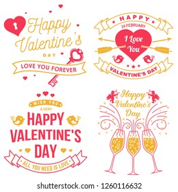 Set of Happy Valentines Day sign. Stamp, sticker, card with key, bird, amur, arrow, heart. Vector. Vintage typography design for invitations, Valentines Day romantic celebration emblem in retro style.