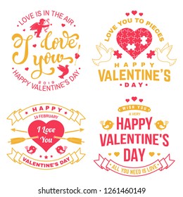 Set of Happy Valentines Day sign. Stamp, sticker, card with key, bird, amur, arrow, heart. Vector. Vintage typography design for invitations, Valentines Day romantic celebration emblem in retro style.