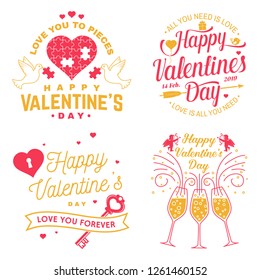 Set of Happy Valentines Day sign. Stamp, sticker, card with key, bird, amur, arrow, heart. Vector. Vintage typography design for invitations, Valentines Day romantic celebration emblem in retro style.