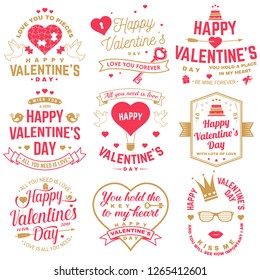 Set of Happy Valentines Day sign. Stamp, sticker, card with key, bird, amur, arrow, heart. Vector. Vintage typography design for invitations, Valentines Day romantic celebration emblem in retro style.