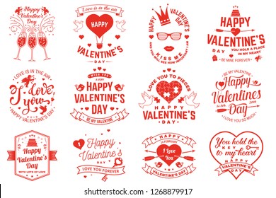 Set of Happy Valentines Day sign. Stamp, sticker, card with key, bird, amur, arrow, heart. Vector. Vintage typography design for invitations, Valentines Day romantic celebration emblem in retro style.