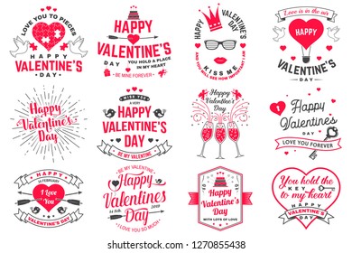 Set of Happy Valentines Day sign. Stamp, sticker, card with key, bird, amur, arrow, heart. Vector. Vintage typography design for invitations, Valentines Day romantic celebration emblem in retro style.
