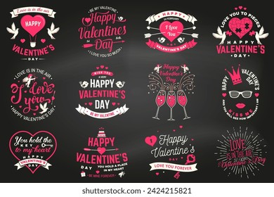 Set of Happy Valentines Day sign. Stamp, card with key, bird, amur, arrow, heart. Vector. Vintage typography design for invitations, Valentines Day romantic celebration emblem in retro style.