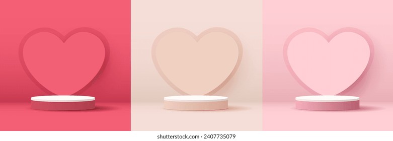 Set happy valentines day and stage podium decorated with heart shape lighting. pedestal scene with for product, cosmetic, advertising, show, award ceremony, on pink background. vector design.