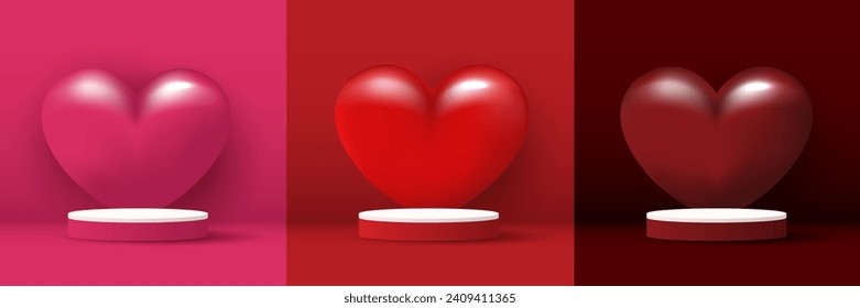 Set happy valentines day and stage podium decorated with heart shape lighting. pedestal scene with for product, cosmetic, advertising, show, award ceremony, on pink and red background. vector design.