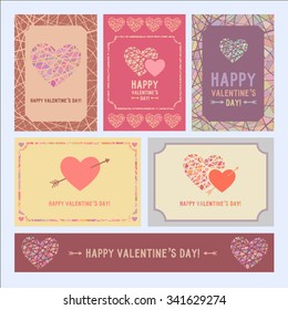 Set of Happy valentines day with stained glass vitrage mosaic hearts and frames nice colors. For greeting card, poster, menu, party invitation, social media, web banners, gift wrapping paper.