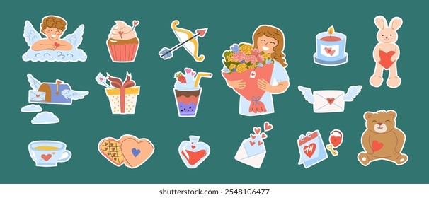 Set of Happy Valentine's Day stickers, collection: love, romance, gifts, and celebration themes.