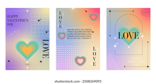 Set of happy Valentine's Day template. Blurred hearts in trendy retro y2k style for flyer, ads, invitation, promo, banner