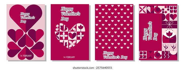 Set of Happy Valentine's Day trendy cards. Modern flat design with geometric icons, hearts, flowers. Mosaic minimalist background, banner, template with simple shapes.