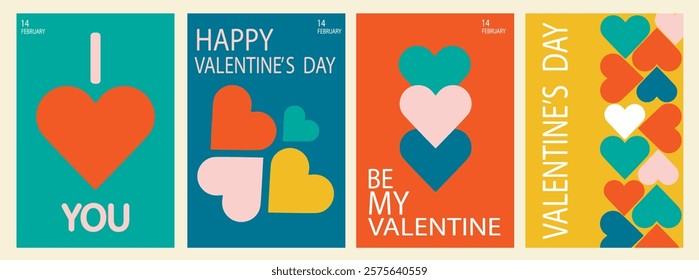 Set of Happy Valentine's Day trendy cards. Modern flat design with geometric icons, hearts, flowers. Mosaic minimalist background, banner, template with simple shapes.