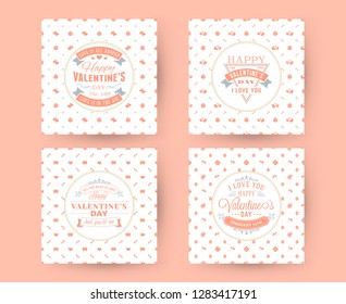 Set of Happy Valentines Day typography greeting cards. Vector design template with seamless background and romantic signs