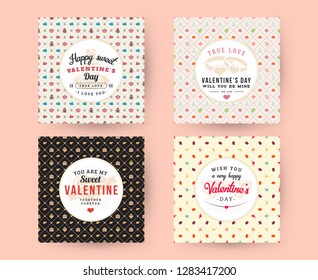 Set of Happy Valentines Day typography greeting cards. Vector design template with seamless background and romantic signs