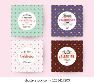 Set of Happy Valentines Day typography greeting cards. Vector design template with seamless background and romantic signs