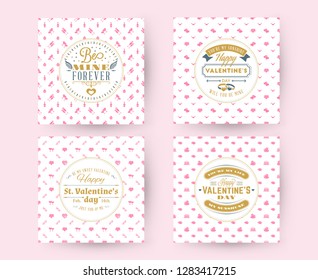 Set of Happy Valentines Day typography greeting cards. Vector design template with seamless background and romantic signs