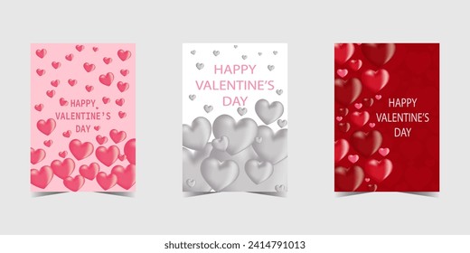 Set of Happy Valentine's Day. Vertical festive Valentine's gift cards with hearts. Postcard template designe. Vector illustration