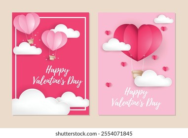 Set of Happy Valentine's Day vertical banners, posters, cards or flyers with Heart shape hot air balloons with clouds in paper art style. Design template for advertising, social media, web, templates