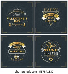 Set of Happy Valentines Day Vintage Retro Golden Badges. Valentines Day Greeting Card or Poster. Vector Design Template with Dark Background