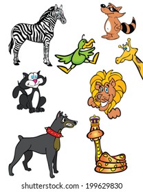set of happy vector cartoon animals, lion, zebra, giraffe, raccoon, bird, dog, cat, snake