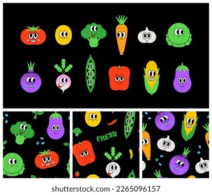 Set of happy vegetable seamless patterns in trendy vintage cartoon style. Retro cooking ingredient, vegetarian background illustration collection with funny healthy food stickers.