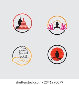 Set von Happy Vesak Day, Buddha Purnima wünscht Grüße mit Buddha und Lotus Illustration. Kann für Poster, Banner, Logo, Hintergrund, Grüße, Print-Design, festliche Elemente verwendet werden. Vektorgrafik