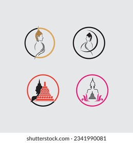 Set von Happy Vesak Day, Buddha Purnima wünscht Grüße mit Buddha und Lotus Illustration. Kann für Poster, Banner, Logo, Hintergrund, Grüße, Print-Design, festliche Elemente verwendet werden. Vektorgrafik