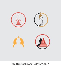 Set von Happy Vesak Day, Buddha Purnima wünscht Grüße mit Buddha und Lotus Illustration. Kann für Poster, Banner, Logo, Hintergrund, Grüße, Print-Design, festliche Elemente verwendet werden. Vektorgrafik