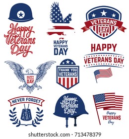 Set of Happy Veterans Day emblems. Emblems with american flags. Design element for logo, label, emblem, sign, poster, greeting card. Vector illustration