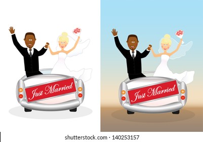 Set of happy wedding couple in wedding car with banner just married