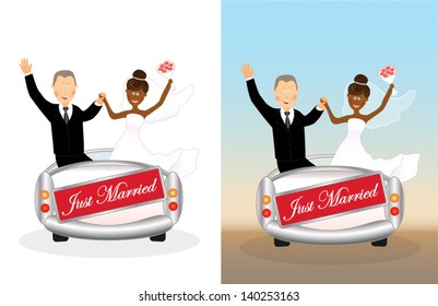 Set of happy wedding couple in wedding car with banner just married