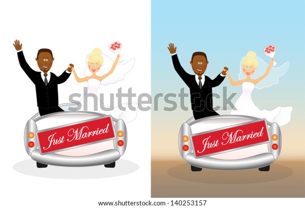 Set of happy wedding couple in wedding car with\
banner just married