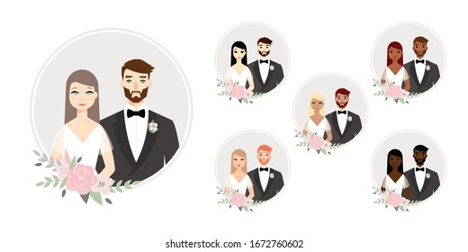 Set of happy wedding couples. Different types wedding couples collection. Bride and groom on their wedding day. Vector illustration isolated with background, for wedding invitation and romantic card