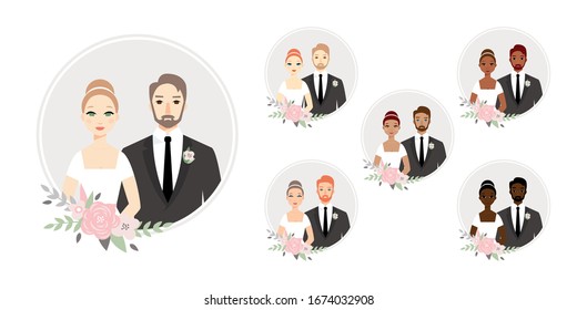 Set of happy wedding couples. Different types wedding couples collection. Bride and groom on their wedding day. Vector illustration isolated with background, for wedding invitation and romantic card