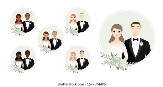Conjunto de parejas nupciales felices. Colección de parejas de boda de diferentes tipos. Novia y novio el día de su boda. Ilustración vectorial aislada con fondo, para invitación de boda y tarjeta romántica
